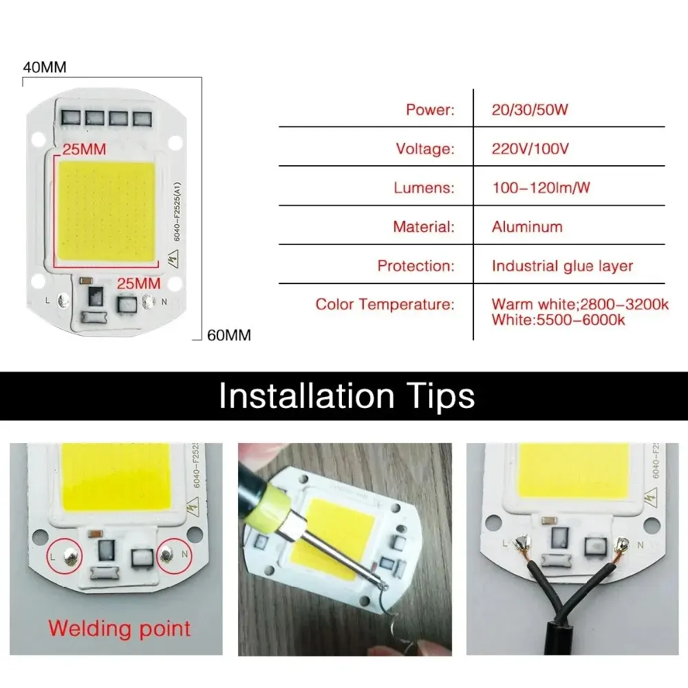 COB LED Chip Lamp Bead 20W 30W 50W Moduł LED 220V 110V Smart IC Nie wymaga sterownika dla majsterkowiczów Reflektor punktowy LED Matrix Outdoor