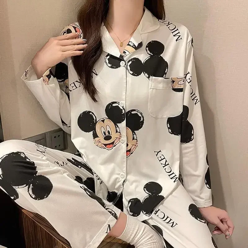 Pijamas de Disney, pantalones de manga larga de dibujos animados, conjunto de pijamas de Mickey Mouse para mujer, ropa de descanso de Disney,