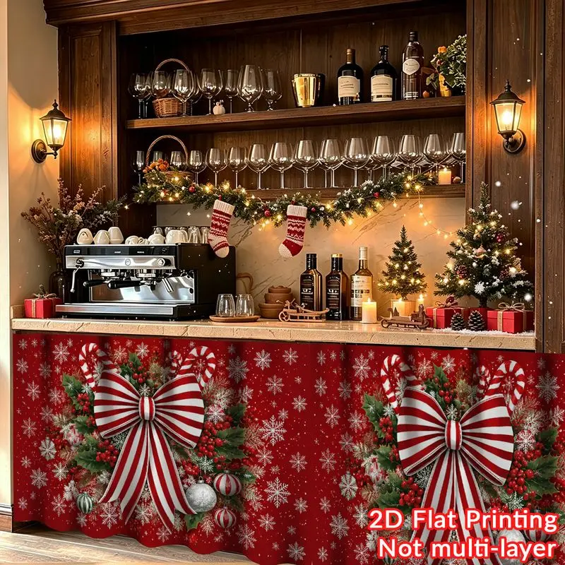 VIKAMA Christmas Cabinet Door Curtain Red Bow Candy Cane Holly Ornament Print Furniture Dust Cover No Pole 2D Flat Print Easy