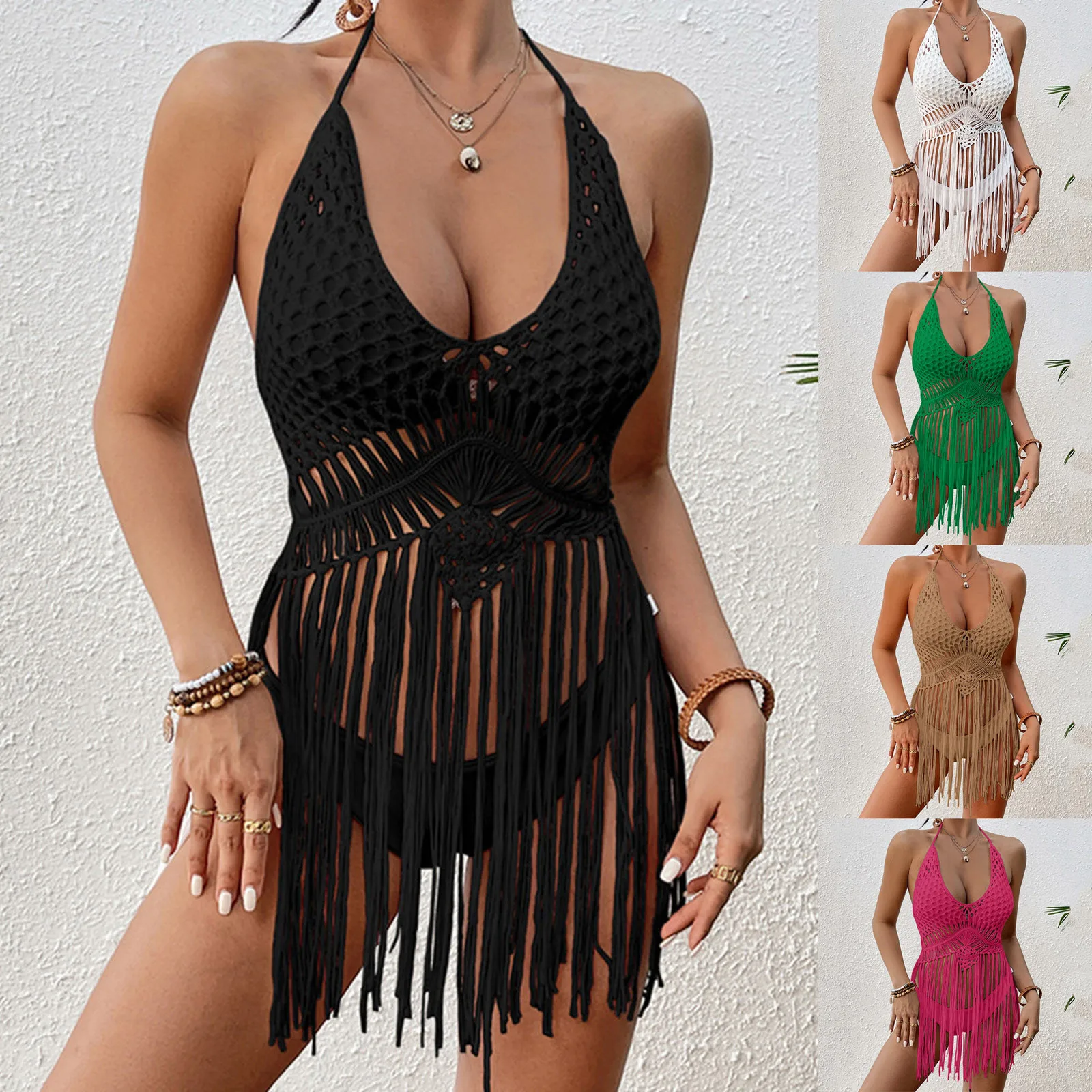 Beach Wear Women 2024 Summer Sexy Hollow Hanging Neck Knit Beach Dress Fashion Tassel Splicing Swimsuit Bikini Beach Cover Up