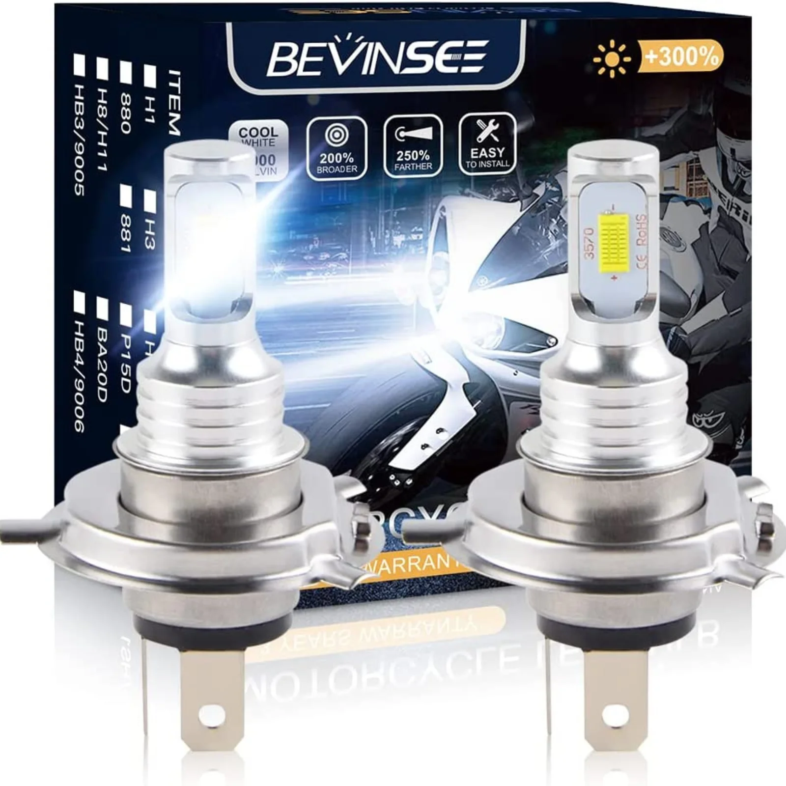 

Bevinsee H4 High Low Beam Headlight Bulbs For Motorcycle H7 LED Moto Headlamp Fan-less Plug & Play 1500LM 6000K White Light 12V