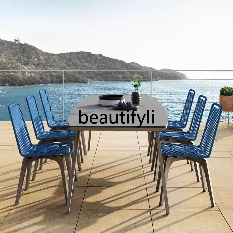 CC – ensemble Table et chaise en rotin tissé en teck, imperméable, pour balcon, Villa extérieure, cour, sable, loisirs, café, Restaurant occidental