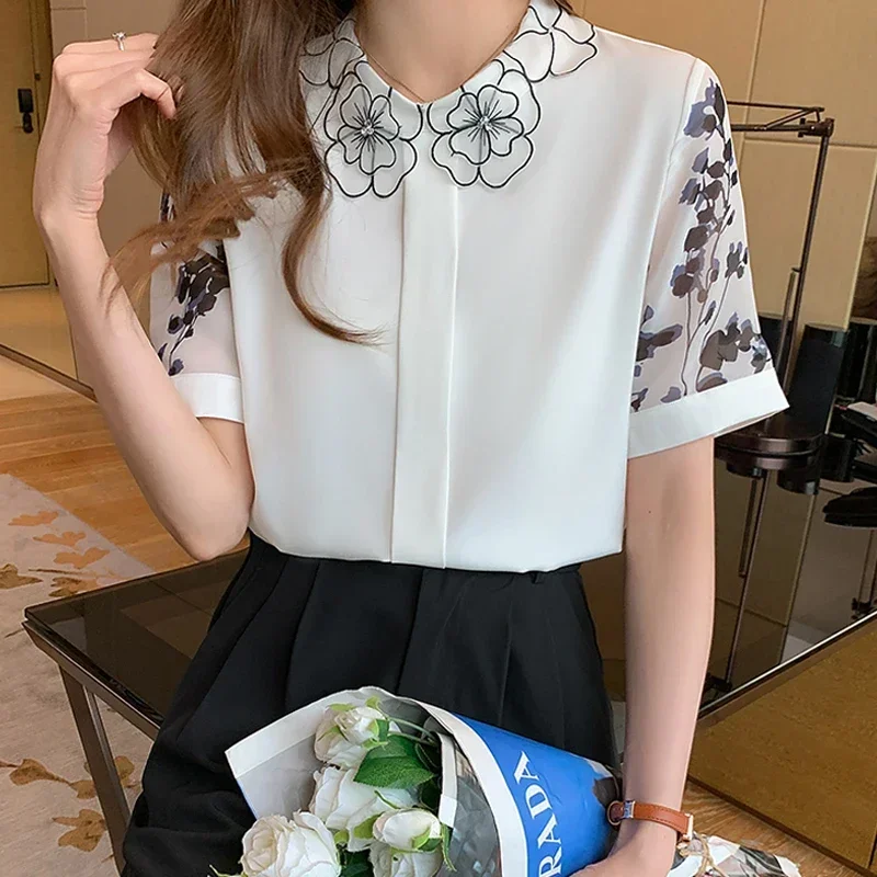 

Summer Short Sleeve Blouse Women Blusas Mujer De Moda 2024 Print Chiffon Blouse Women Shirt Tops Women Blouses Top Femme E991