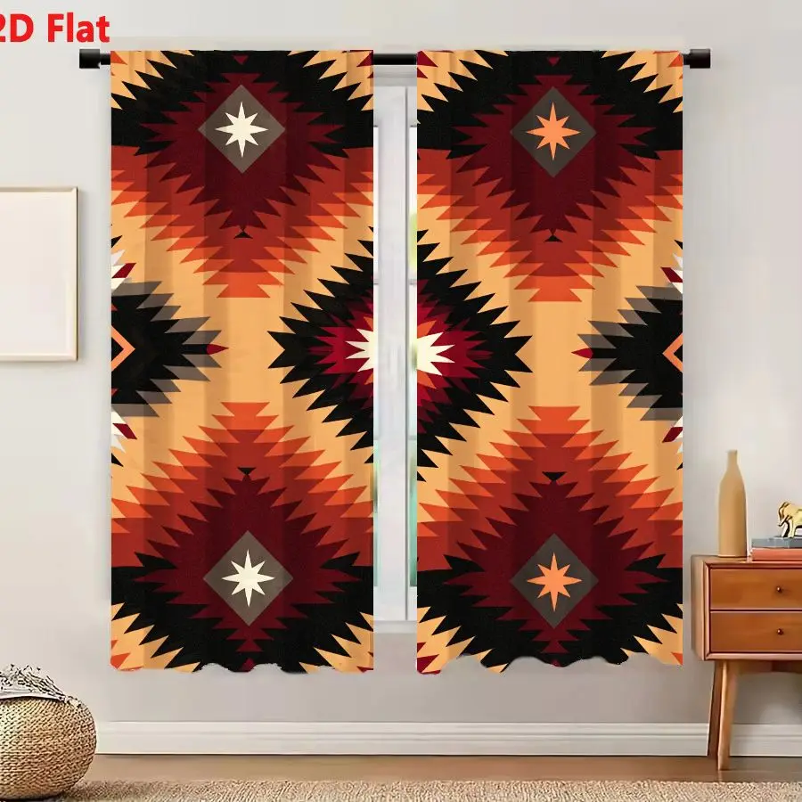 2Pcs Curtains 2D Flat Native American Style Tribal Geometric Pattern With Red Orange Black Shades, Diamond Star Motifs, Symmetri