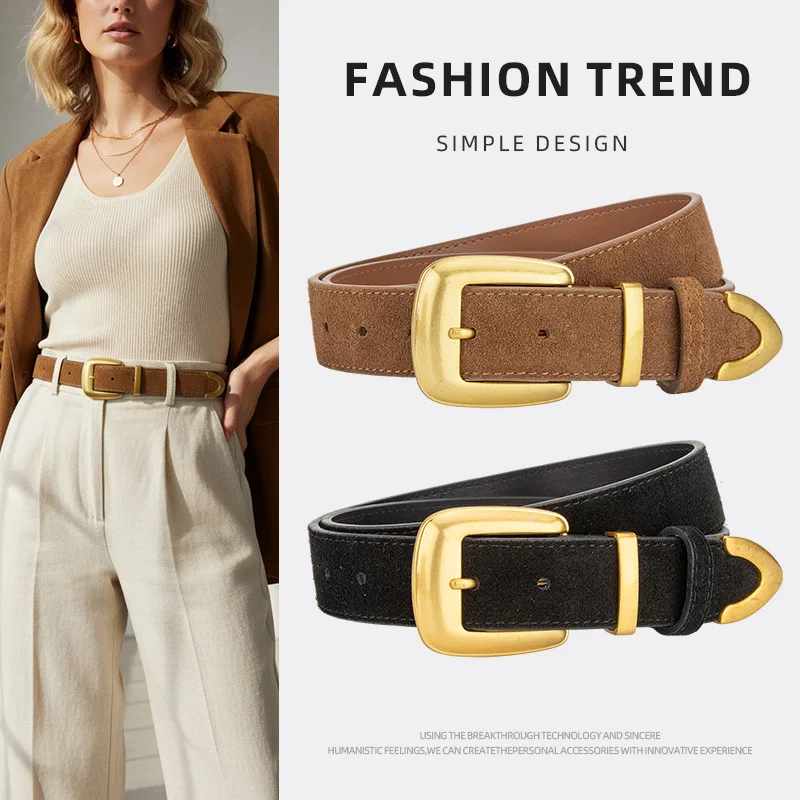 New Suede Trendy Casual Women's Leather Belt, Personalized Retro Gold Buckle Design Decoration Dress Jeans Belts