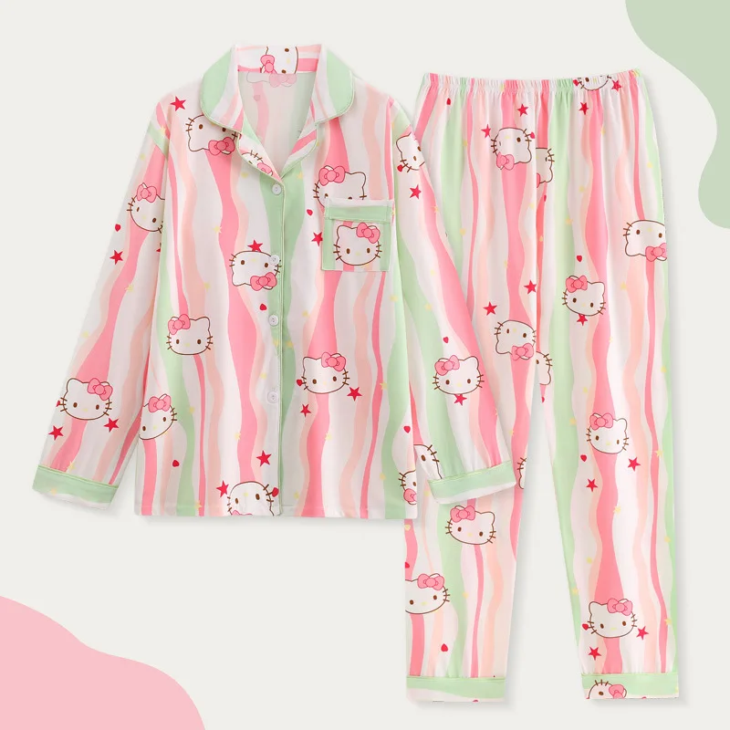 Kawaii Hello Kitty Kuromi My Melody Children's Pajamas Spring Autumn Anime Sanrio Cute Princess Style Parent-Child Home Clothing