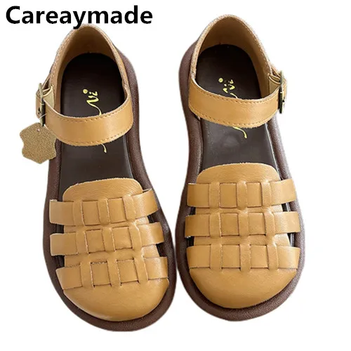 Careaymade-Genuine leather women's sandals,round toe retro literary women pig cage shoes,casual comfortable flat Ladies's shoes