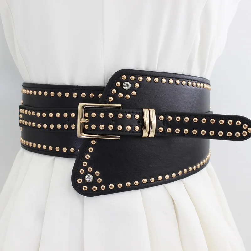 

Women Trendy Gothic Corset Rivet Belts Elastic All-match Fashion Female Wide Belts Dress Coat Decor Girdle