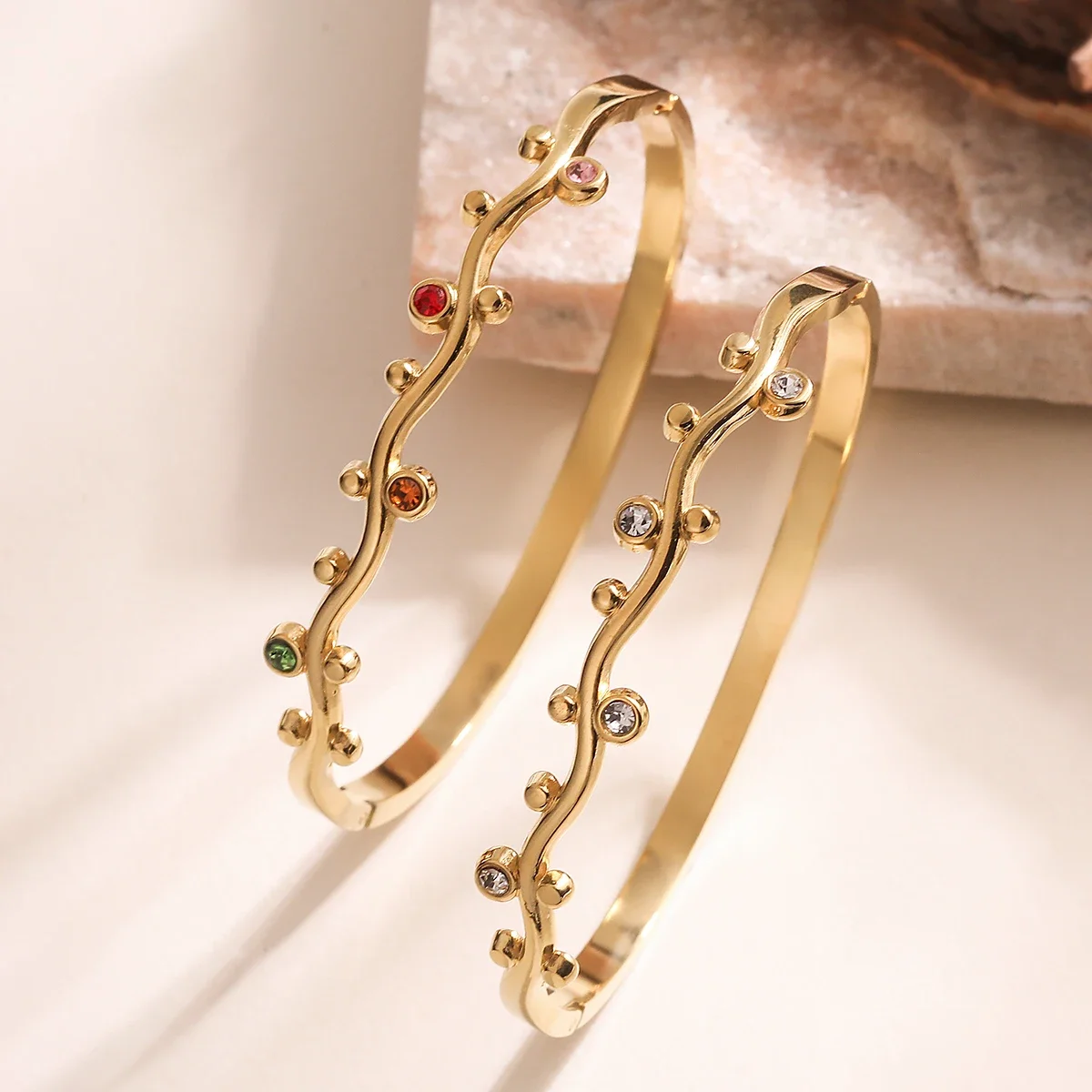 NEWBUY 316L Stainless Steel Wavy Branch Bangle Bracelet 2 Styles Colorful & Clear CZ Waterproof Stackable Gold Jewelry