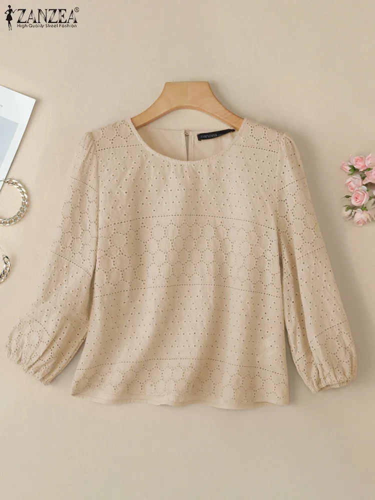 

ZANZEA Elegant Woman Blusas Mujer O-Neck 2025 Summer Casual Lace Patchwork Blouses Openwork Embroidery 3/4 Puff Sleeve Tops