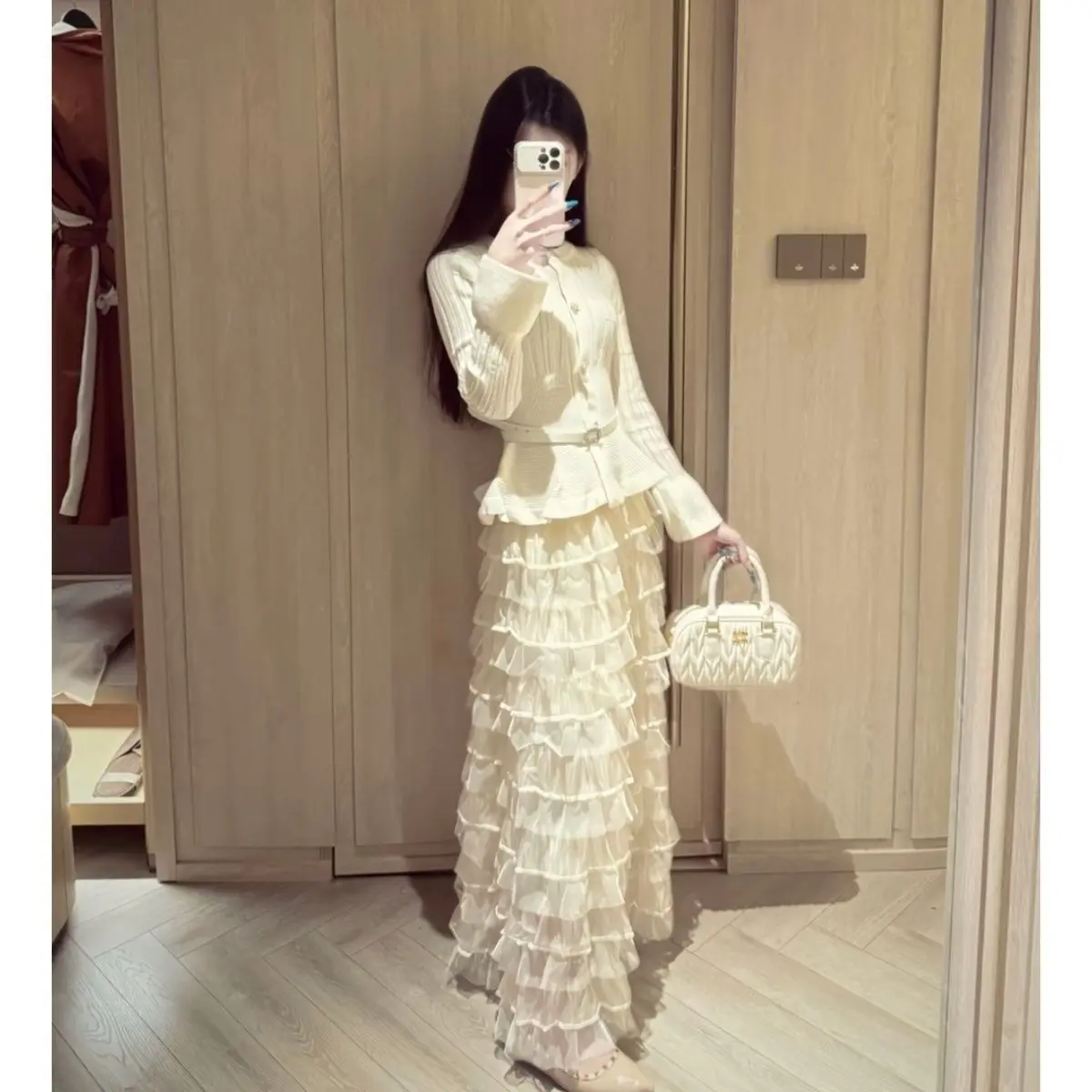 

Spring 2026 High Waist Knitted Open Cardigan with Lace Casual Style Women's Skirt Cake Style Polyester Fiber Elastic Waist