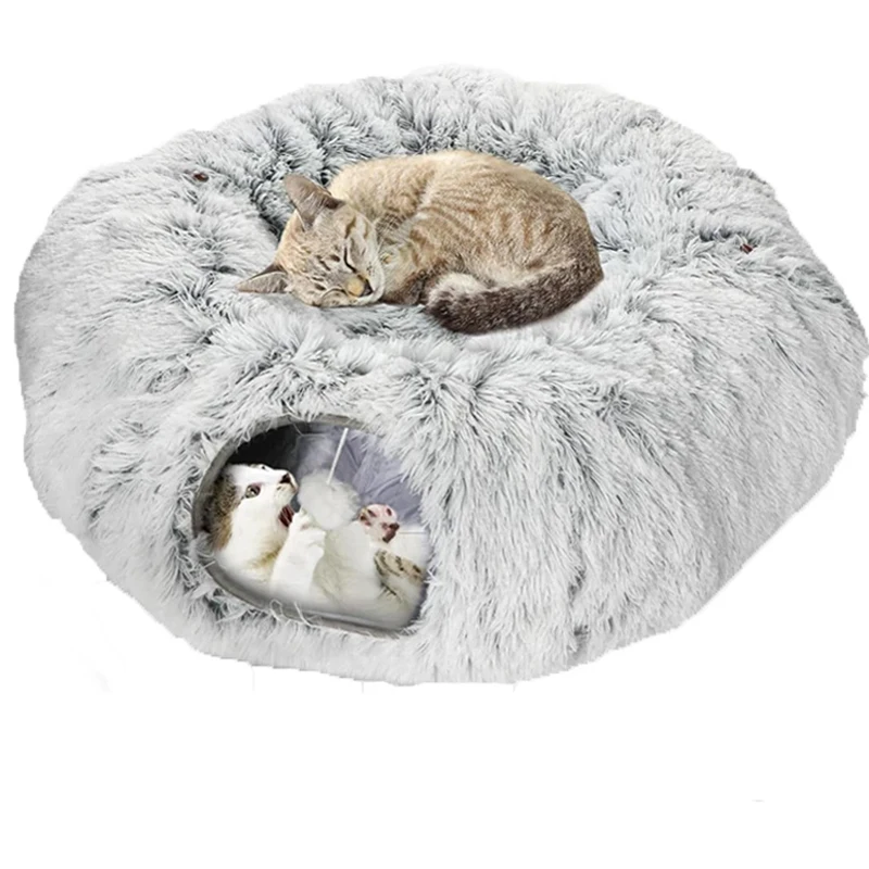 

Cat Tunnel Soft Bed with Dangling Balls Central Mat Fluffy Multifunctional Cats Tunnel Bed for Winter Plush Pet Foldable Nest