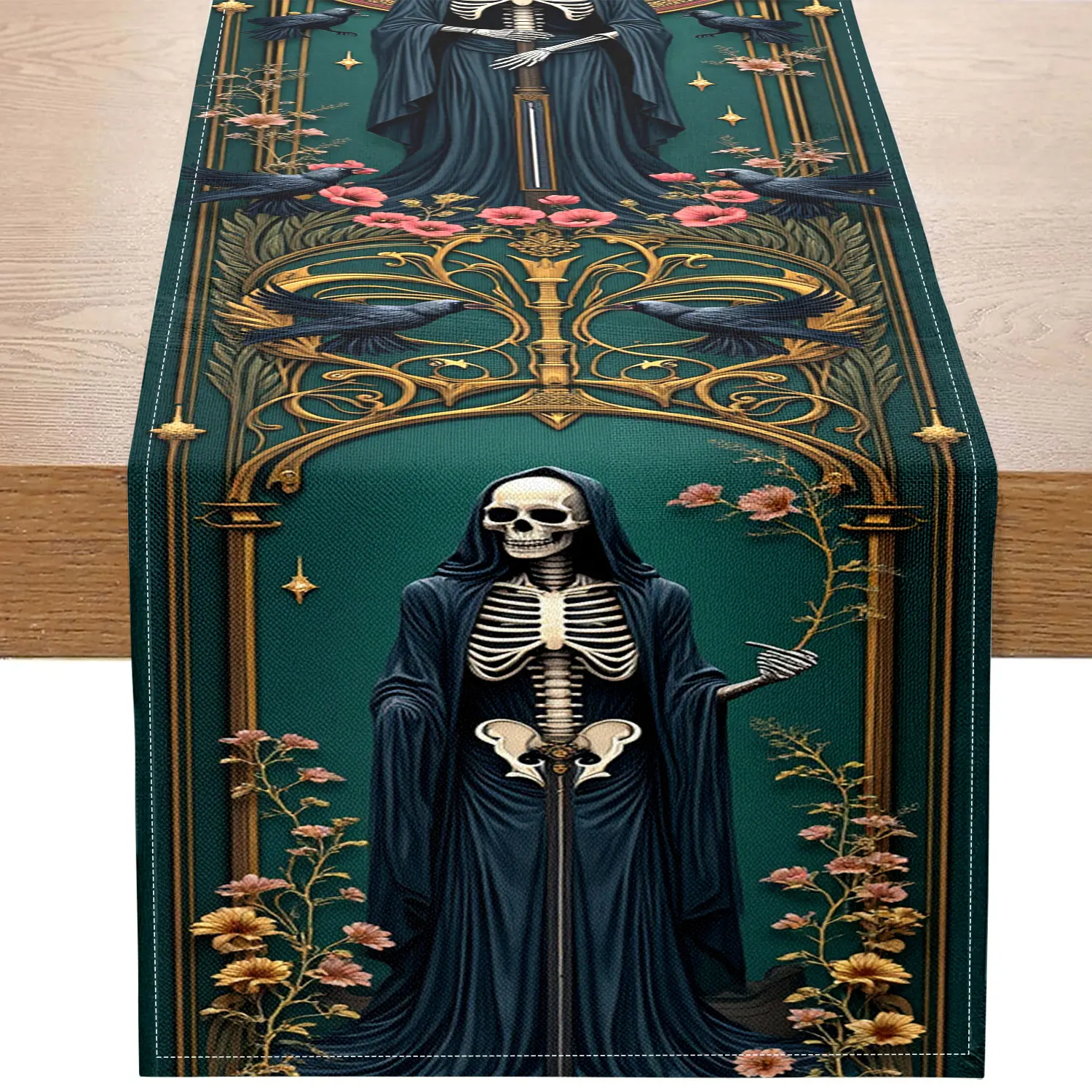 

1 Piece Dark Gothic Themed Table Runner with Death Skull, Crow, and Floral Patterns for Halloween Party Decoration