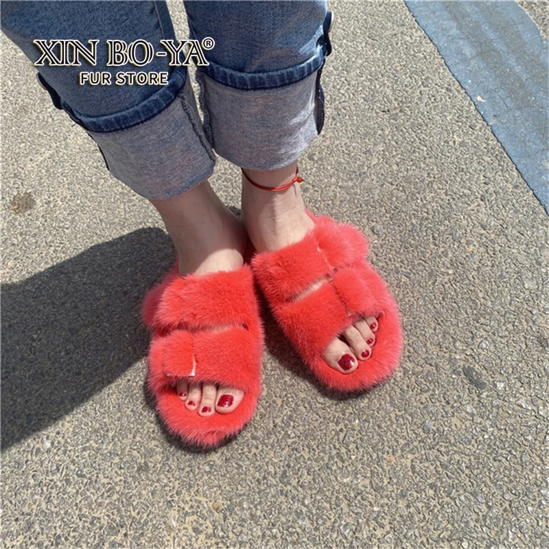 Fur Slippers High Quropean Luxury Resory Fashion 100% Mink Leather Slippers Ladies Fur Shoes Flat Slippers