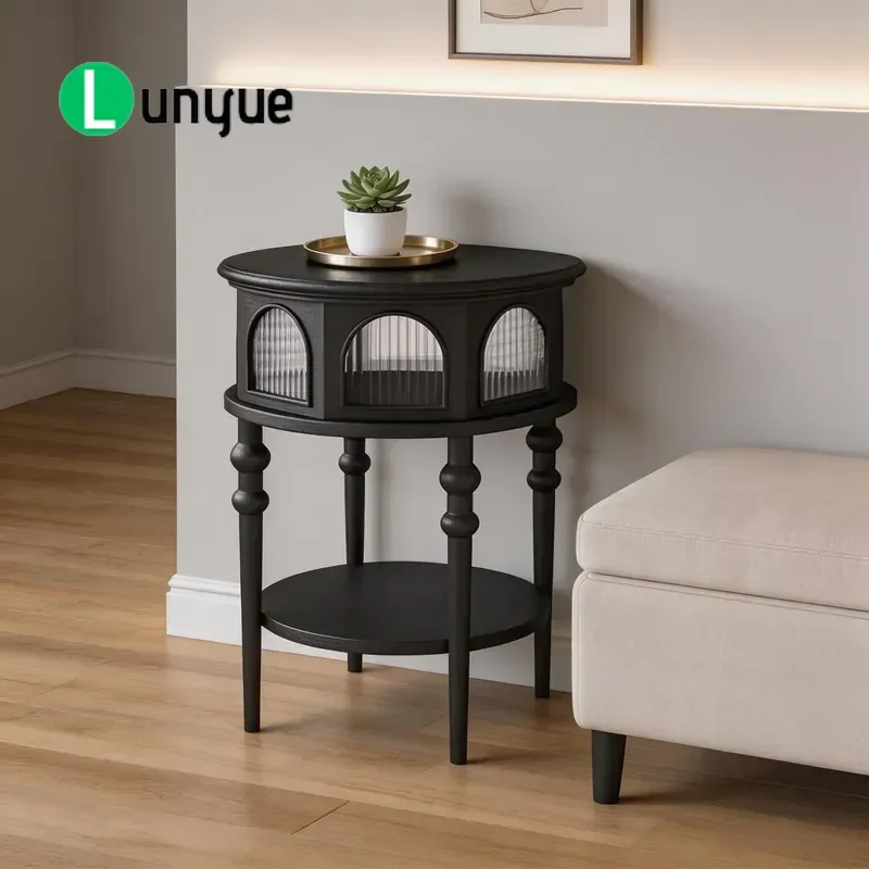 Black Round Side Table with Arched Groove Glass Door Vintage Wooden Coffee Table with Storage Rack for Living Room Bedroom