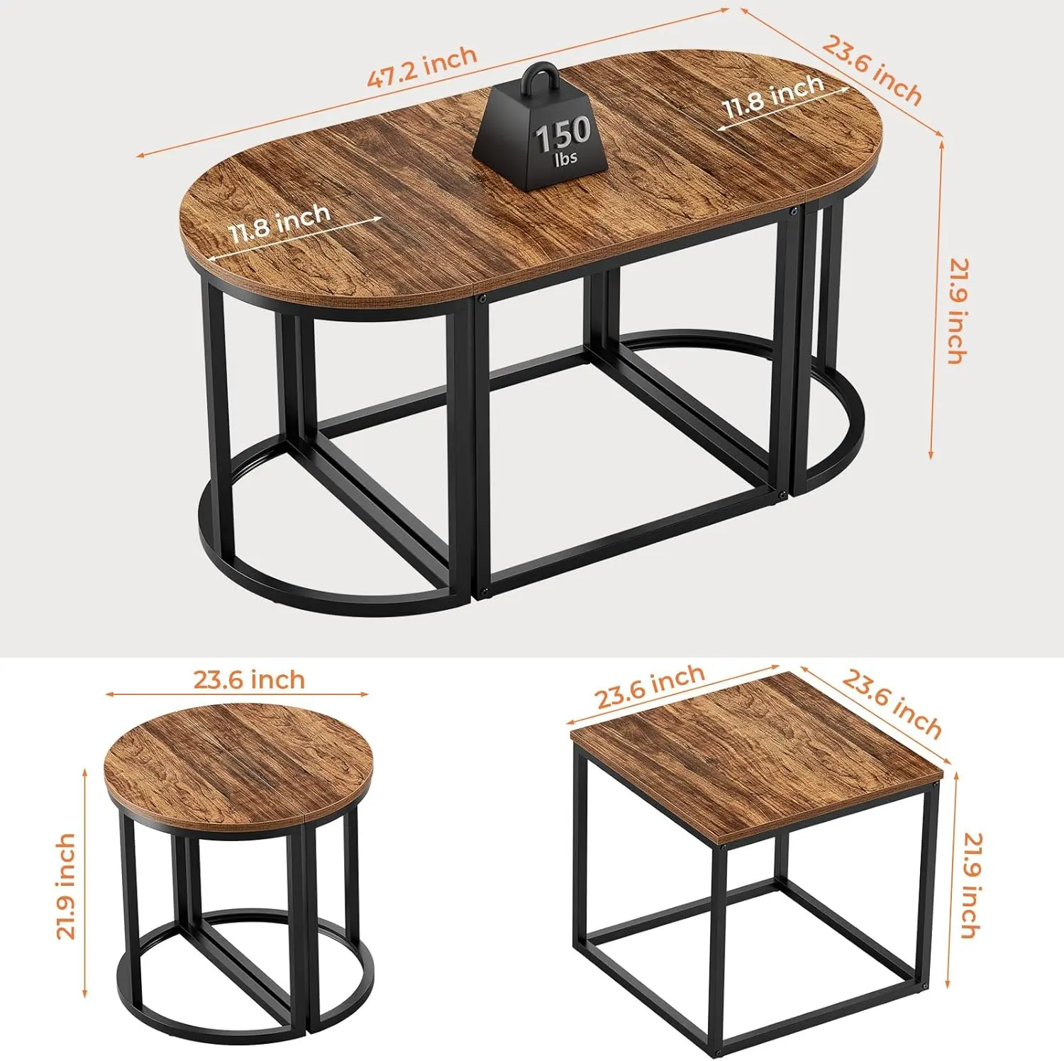 Coffee Table Oval 3pcs Set, Modern Living Room Table with 2 End Tables, Small Center Table with Metal Frame for Home Apartment