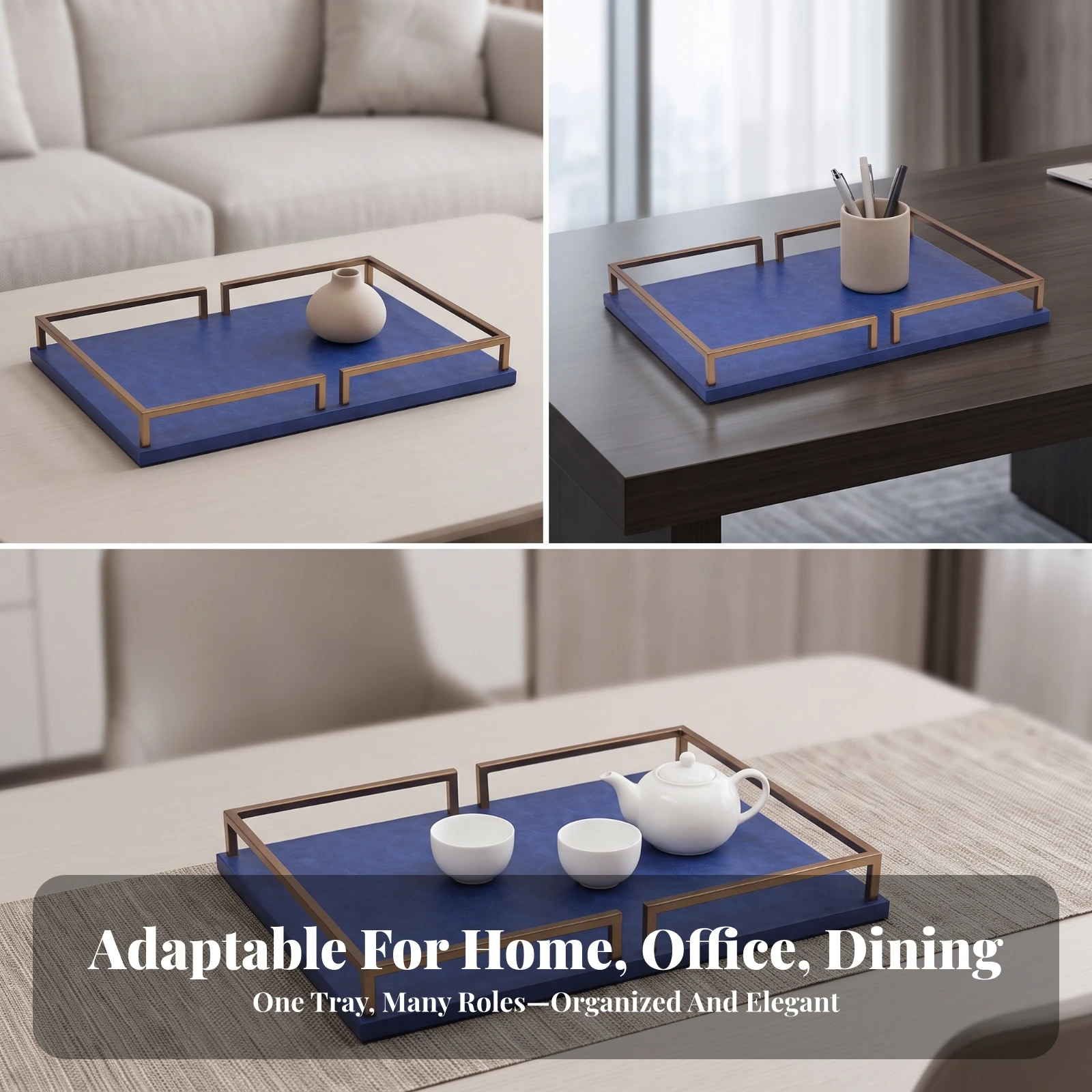 Metal Tray with Gold-Tone Frame Decorative Tabletop Tray with Side Supports Rectangular Minimalist for Coffee Table, Vanity
