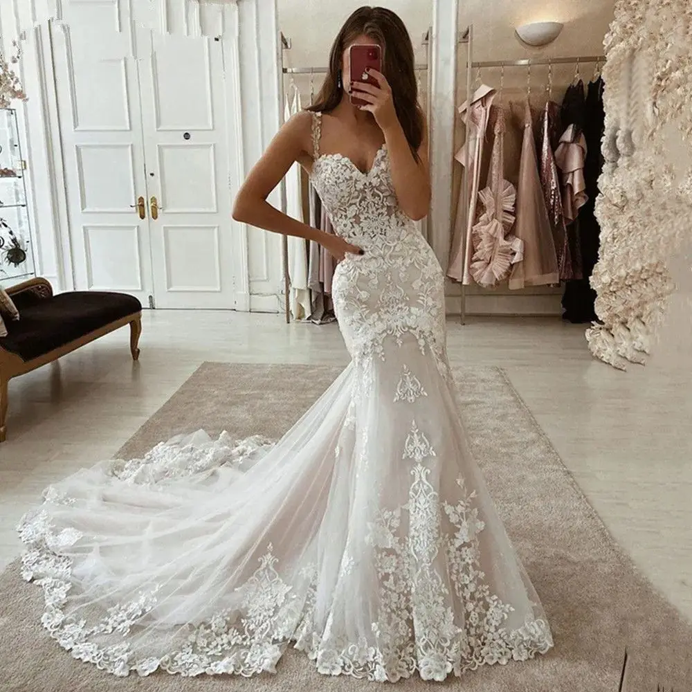 

Lorencia Spaghetti Mermaid Wedding Dress Sweetheart Lace Appliques Sexy Bride Dress Tulle Bridal Gown Vestidos De Novia YMW115