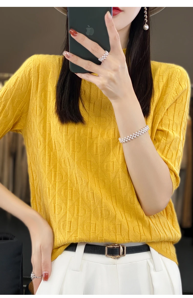 Women New Soft Diamond Letter Design Sweater Half-high Collar Three Quarter Sleeve Pullover Spring Summer Casual Knit Slim Top