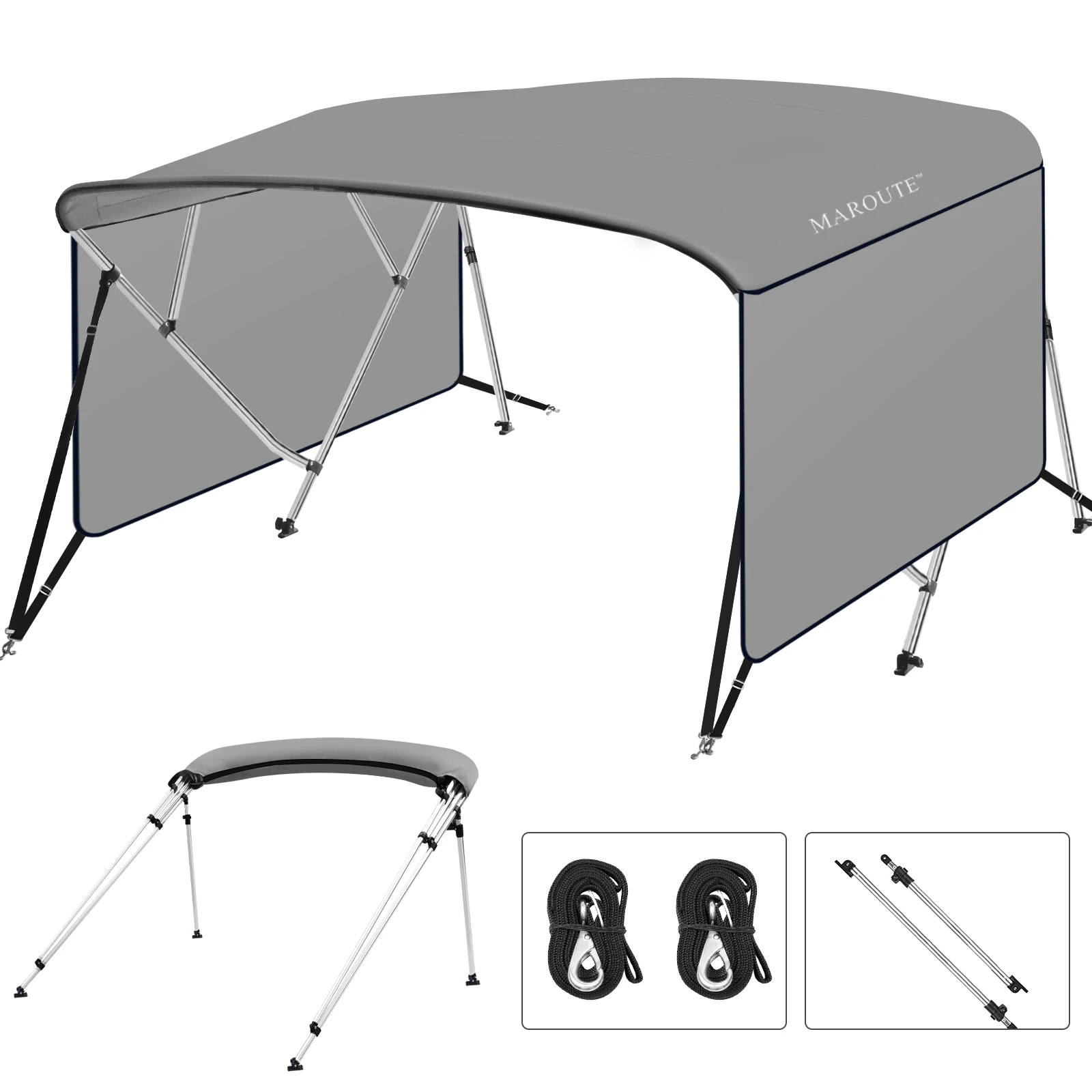 600D 4 Bow Bimini Top Boat Cover with 1” Aluminum Alloy Frame,Include 2 Straps,2 Adjustable Rear Support Pole, PU Coating Canvas