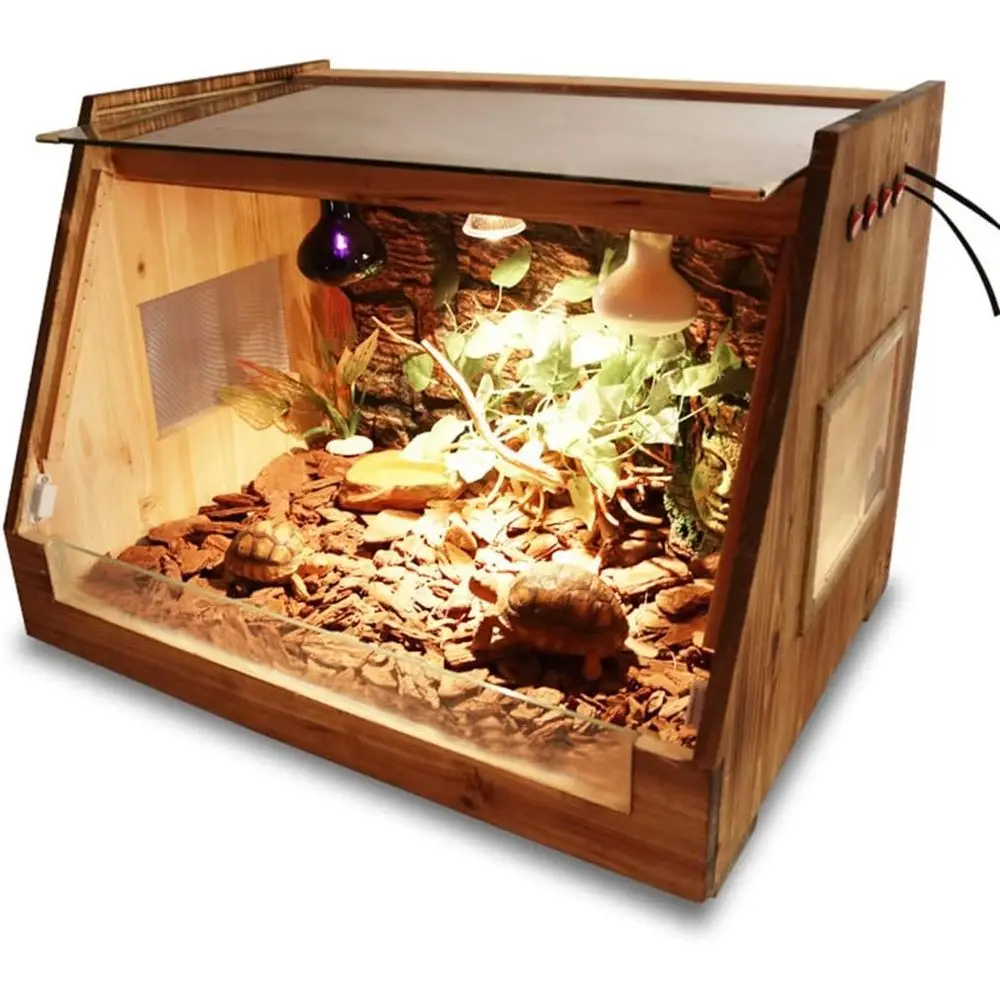 

Wooden Reptile Habitat with Glass & Hideout, 60x45x45cm Brown Enclosure