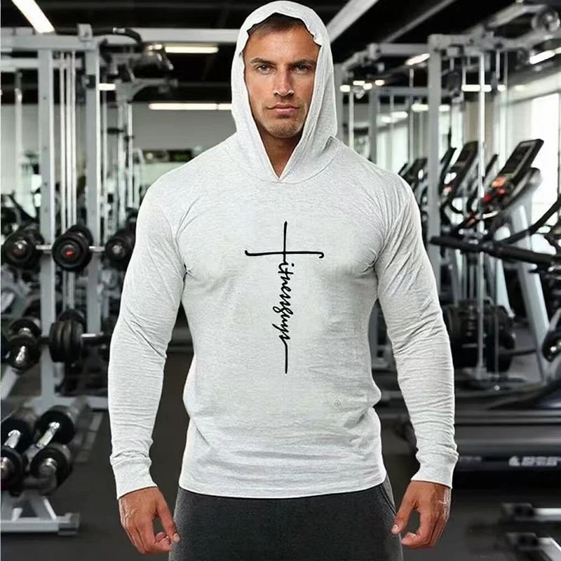 

Spring and Autumn Running Long Sleeve Hooded Shirts Mens Bodybuilding Slim Fit Cotton T-shirtsFitness Muscle Sports Hoodies Gym