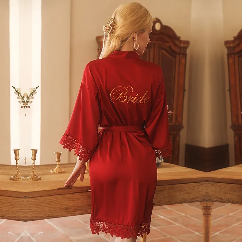 

Сексуальная кружевная отделка, Женский Атласный халат, одежда для сна, новое кимоно для невесты, халат, ночная рубашка, интимное белье