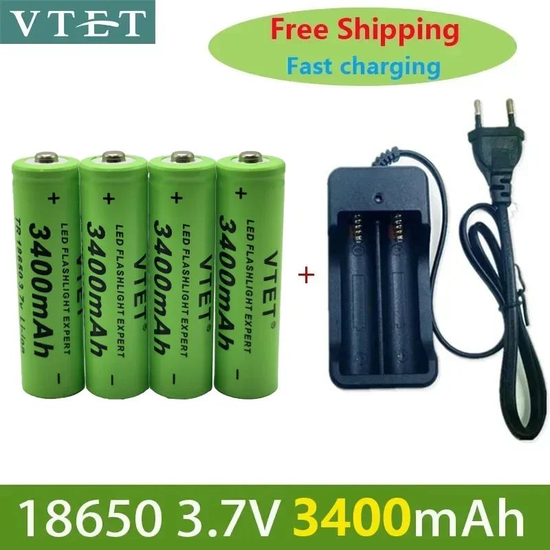 2024 Battery Rechargeable Battery 3.7V 18650 3400mAh  Li-ion Rechargeable Battery for Flashlight Torch Battery+Charger