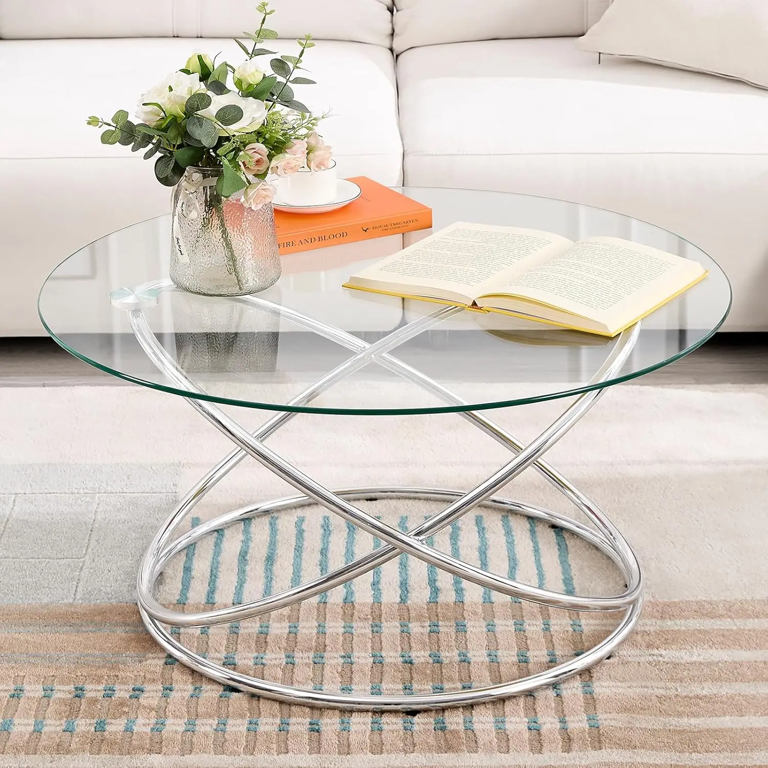 

31.5’’ Round Glass Coffee Table with Chrome-Plating Bright Metal Oval Frame, Modern Circle Silver Coffee Table