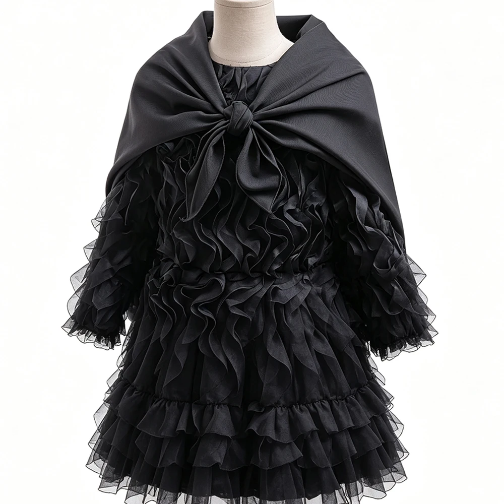 Schwarzes Hexenkostüm für Mädchen, gerüschtes Tüllkleid mit Umhang, langärmeliges gotisches Abendkleid für Kinder, Halloween, Karneval, Geburtstagsfeier – Detail 9