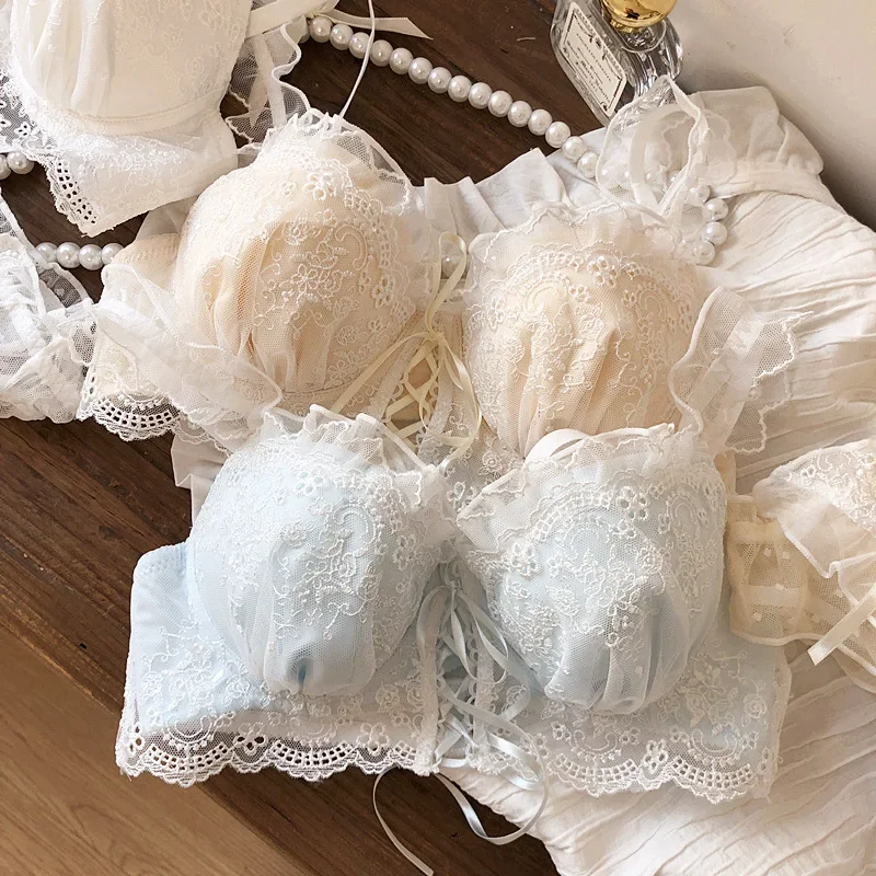 Set reggiseno in rete di pizzo ricamato fata giapponese per ragazze senza ferretto raccoglie seni piccoli sulla parte superiore della biancheria intima da donna