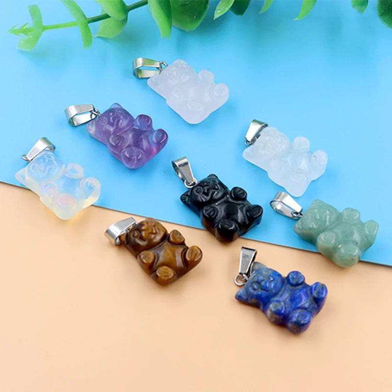 

12pcs Natural Crystal Hand Carved Teddy Bear Pendant Healing Stone Energy Protection Chakra Reiki Jewelry Making DIY Craft Gift