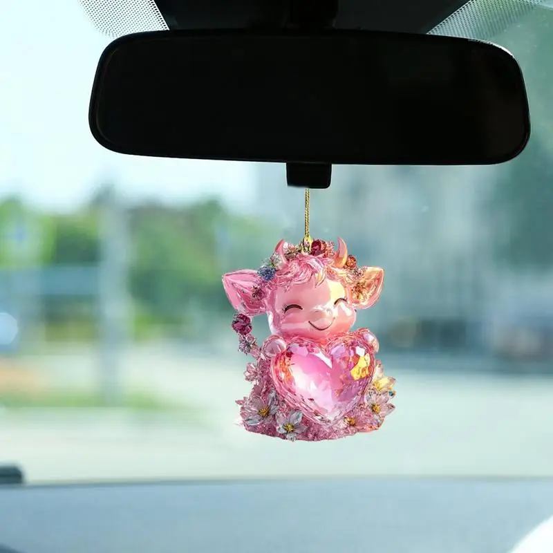 Cow Car Charm Auto Rearview Accessories Cute Cattle Automotive Rearview Charm Car Interior Styling Accessories 2D Acrylic Cow