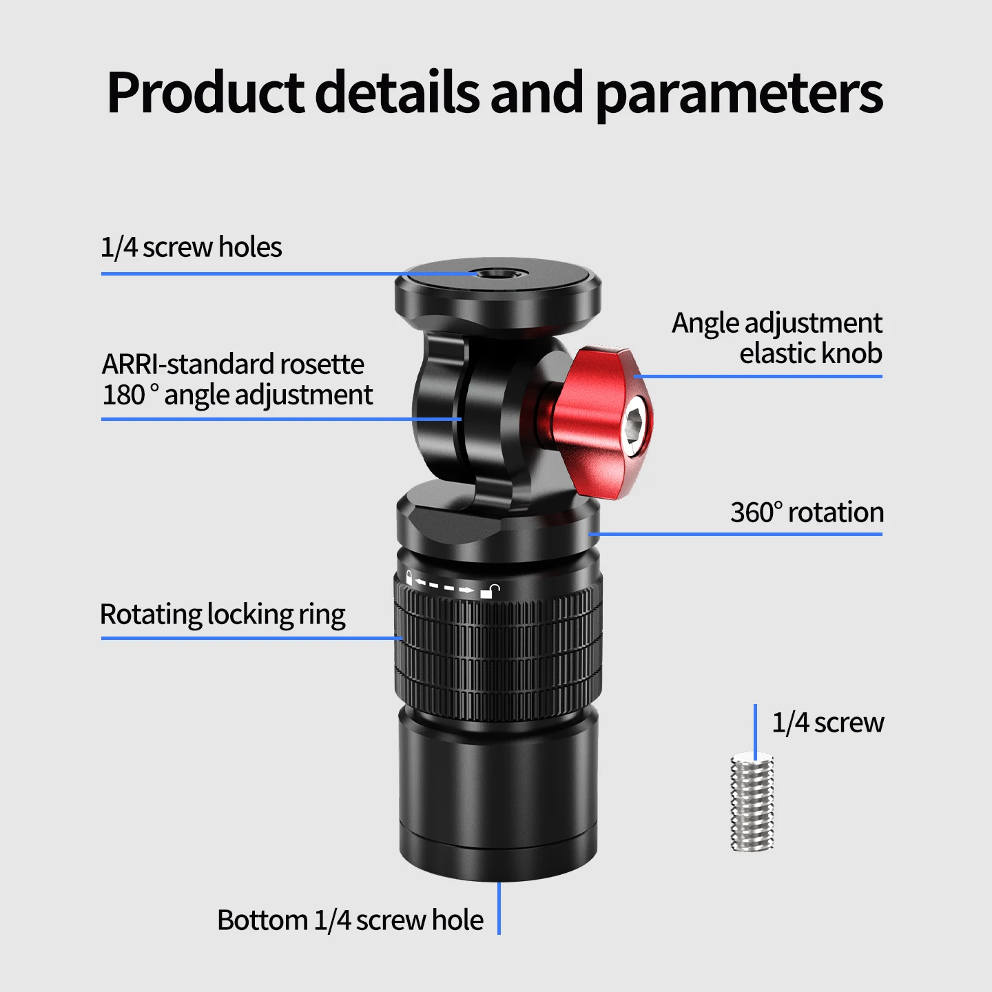 Aluminium-Kamerahalterung Schwenk- und Neigbar ARRI-Ausrüstung Verstellbarer Kugelkopf für DJI Action-Kamera Panorama-Selfie-Stick Stativ Einbeinstativ – Detail 18