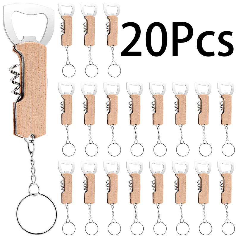 20Pcs Multifunction Pocket Wine Bottle Opener Keychain Portable Wooden Waiter Corkscrew