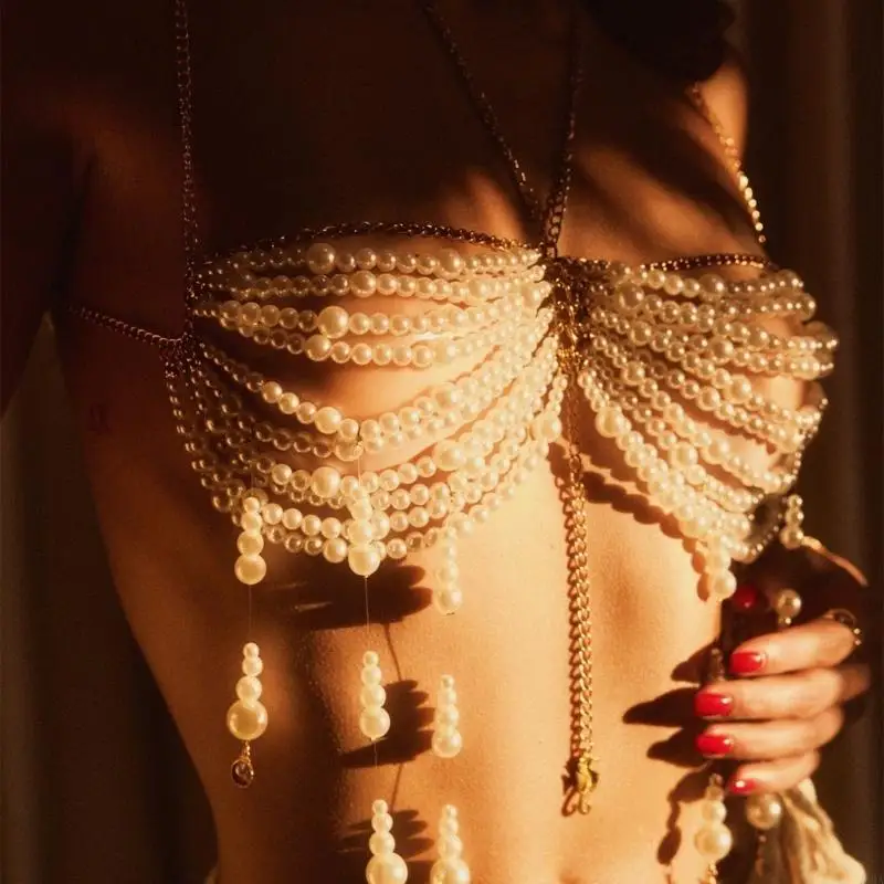 M68A لؤلؤة HALTER HALTER TOP BODY سلسلة BRALETTE لمهرجانات الموسيقى والحفلات