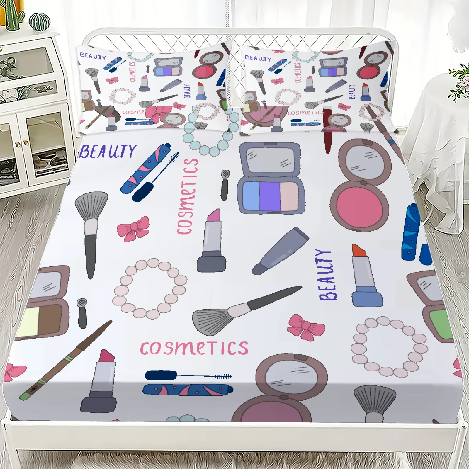 3pcs White Fitted Sheet Set Room Decor Perfume Bottles And Labels Pattern 3D Printed 100% Polyester Bed Sheet With 2 Pillowcases