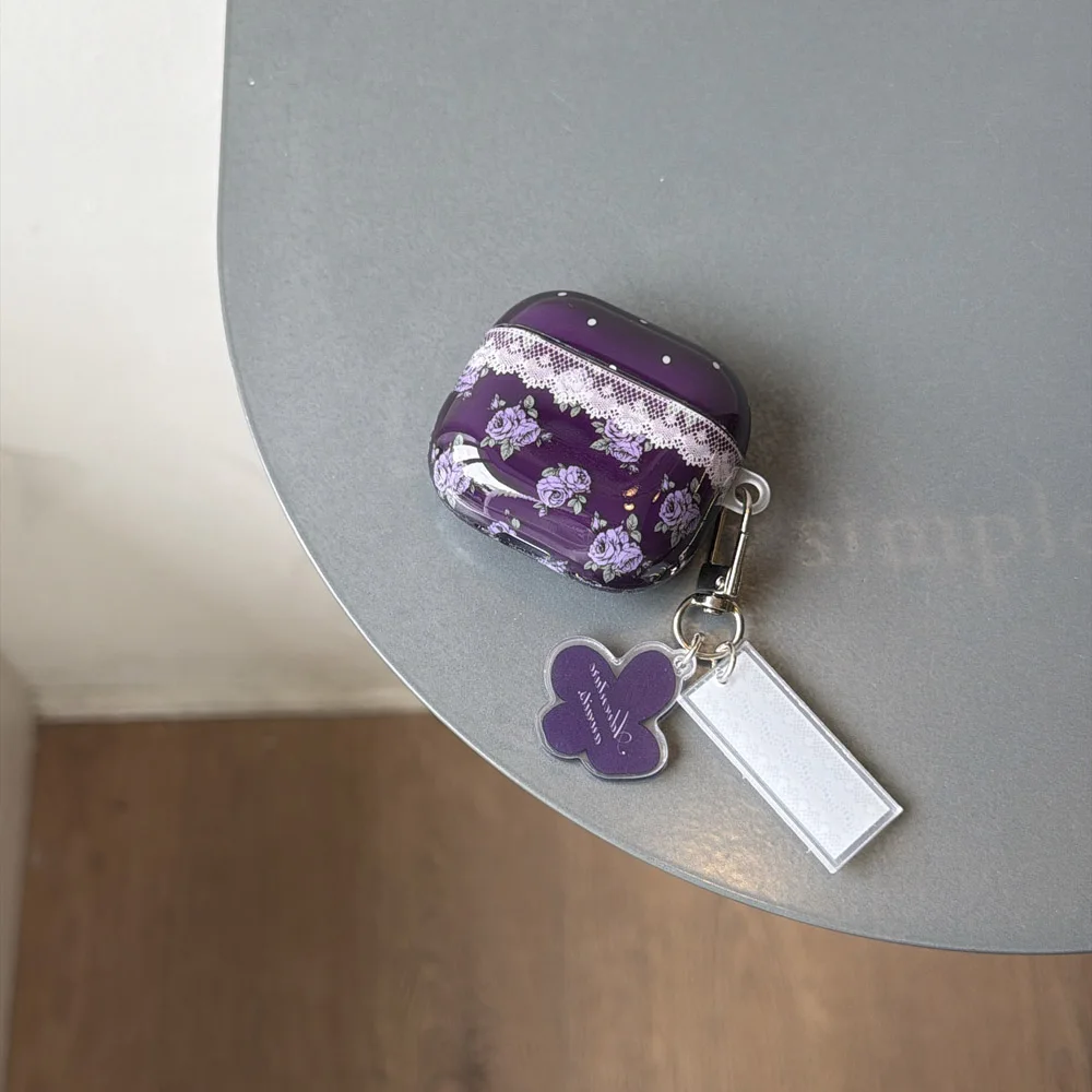 Luxury Purple Rose Flower Lace with Keychain Soft Protective Cover Earphone Case for AirPods 1 2 3 4 Pro 2 Pro 3 Airpod 4ANC