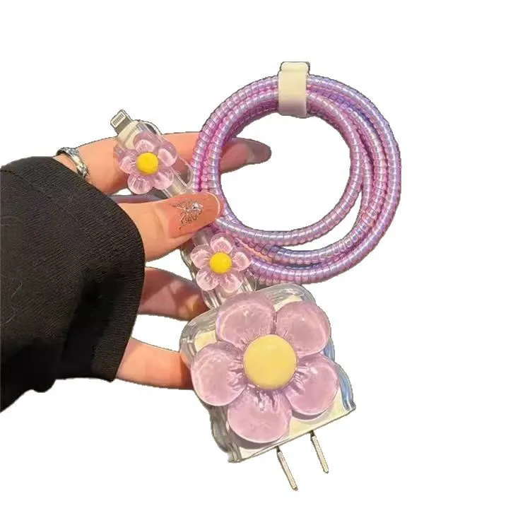 아이폰 12 13 14 15 16용 3D 보라색 꽃 투명 실리콘 충전기 케이스 18W-20W 귀여운 고속 충전 보호 커버