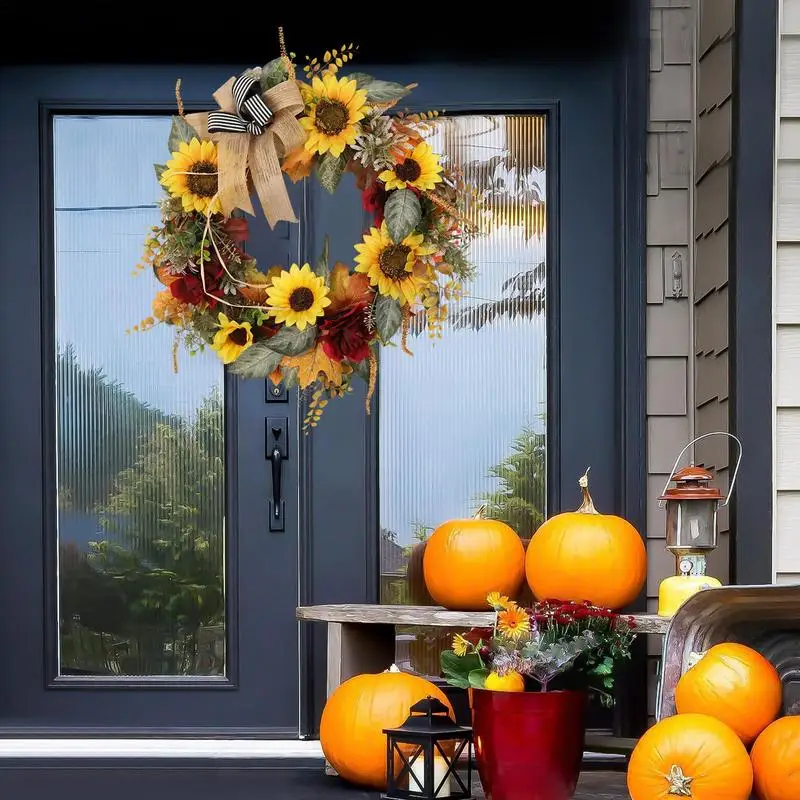 

Thanksgiving Door Wreath Sunflower Thanksgiving Day Decor Elegant Holiday Decoration Indoor Outdoor Portable Garland For Porch