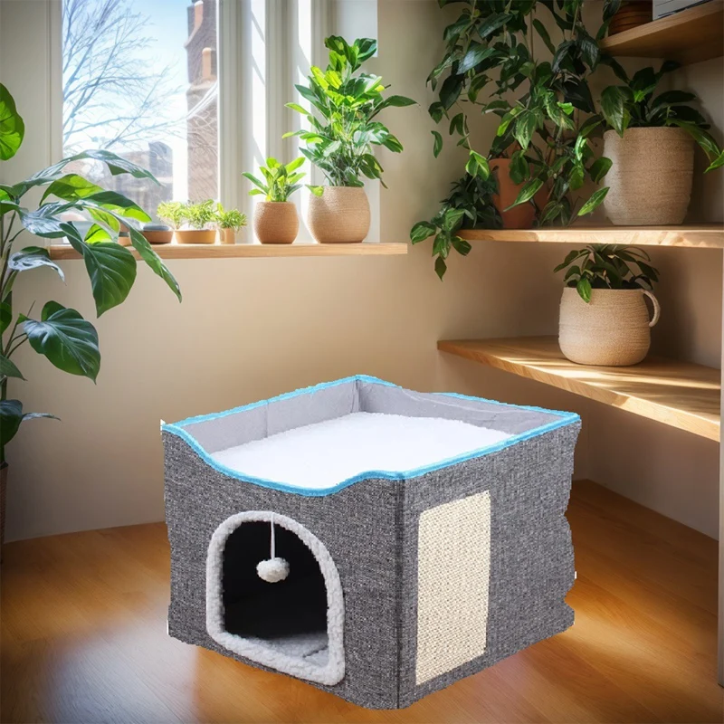 Cat Bed Foldable Cat House With Fluffyball & Scratch Pad Cat Cube Cave Large Kitten Sleeping Comfortable Pet Supplies