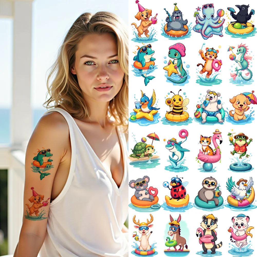 

28pcs Temporary Tattoo Cartoon Animals Waterproof Long-lasting Body Stickers Beach Fun Floating Rings Cartoon For Girls