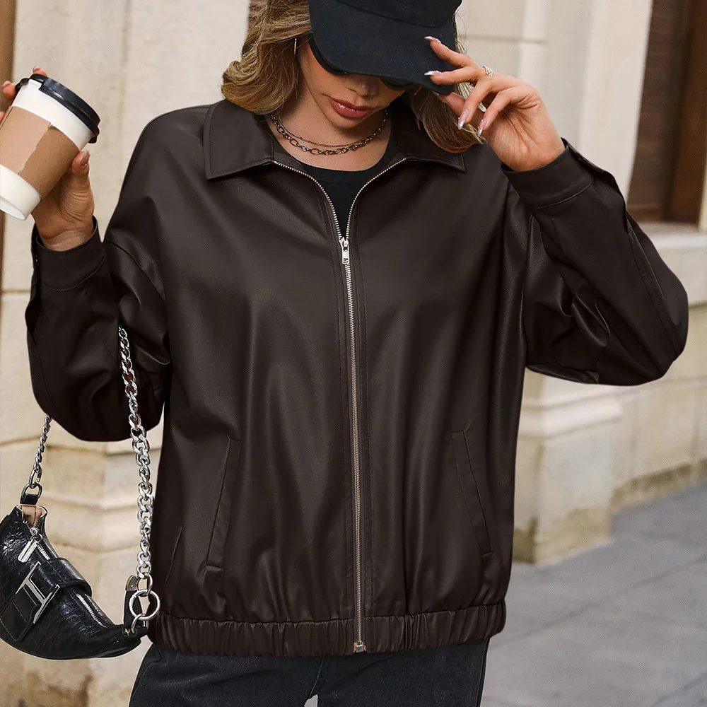 

Casual Short Sleeveless Women's Biker Jacket Zipper PU Leather Coat Flip Collar Outerwear Fashionable Streetwear Style