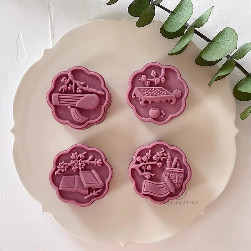 

4Pcs/Set 50g Mid-Autumn Festival Mooncake Mould Chinese Character Traditional Style Cookie Pastry Stamp Mung Bean Cake Kitchen