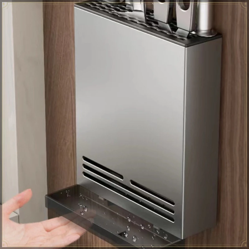 Wall Mount Knife Holder Carbon Steel Punch Free Strong Load Bearing with Drain Tray Multifunctional Kitchen Utensil Holder