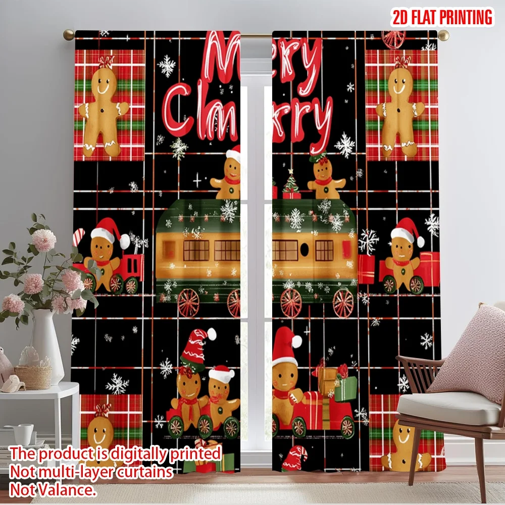 2pcs,2D plane printing Curtains Digital Printed Gingerbread Christmas Train Red Plaid Polyester Easy Install (without rod) All
