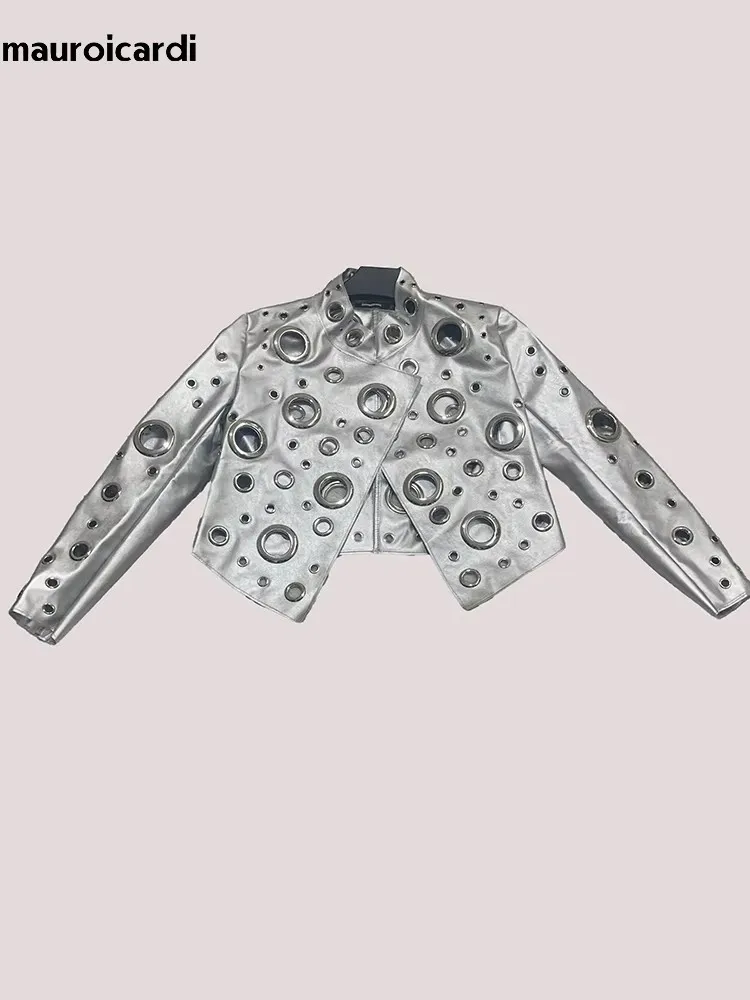 Mauroicardi Spring Short Hollow Out Patchwork Short Pu Leather Jacket Women Cool Luxury Designer European Style Clothes Fashion