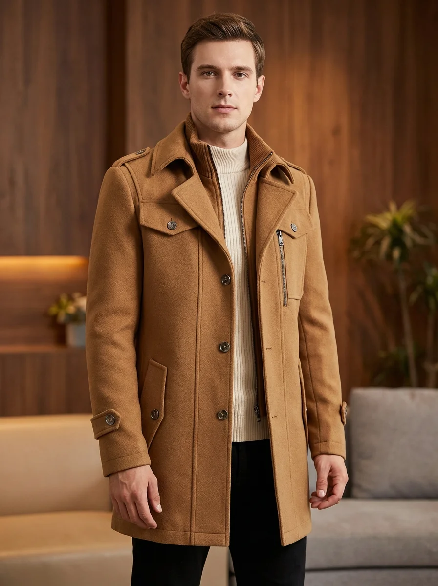 

Men's Double Collar Wool blend Trench Coats, Mans Winter Overcoat, Business Casual Jackets Man