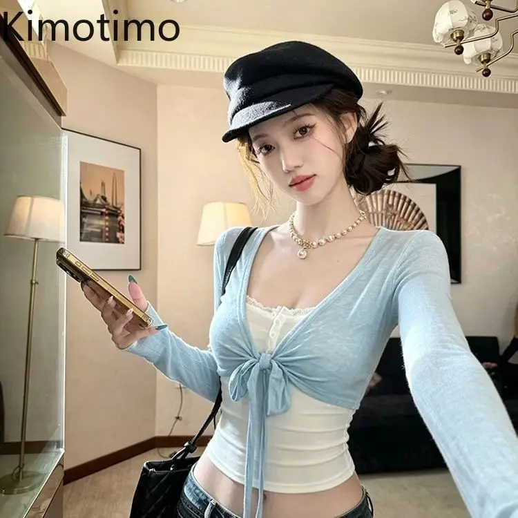 

Kimotimo Two Piece Sets Women Sexy Cross Bandage Long Sleeve Cropped Cardigan Halter Vest Spicy Girl Slim Y2k Aesthetic Suits