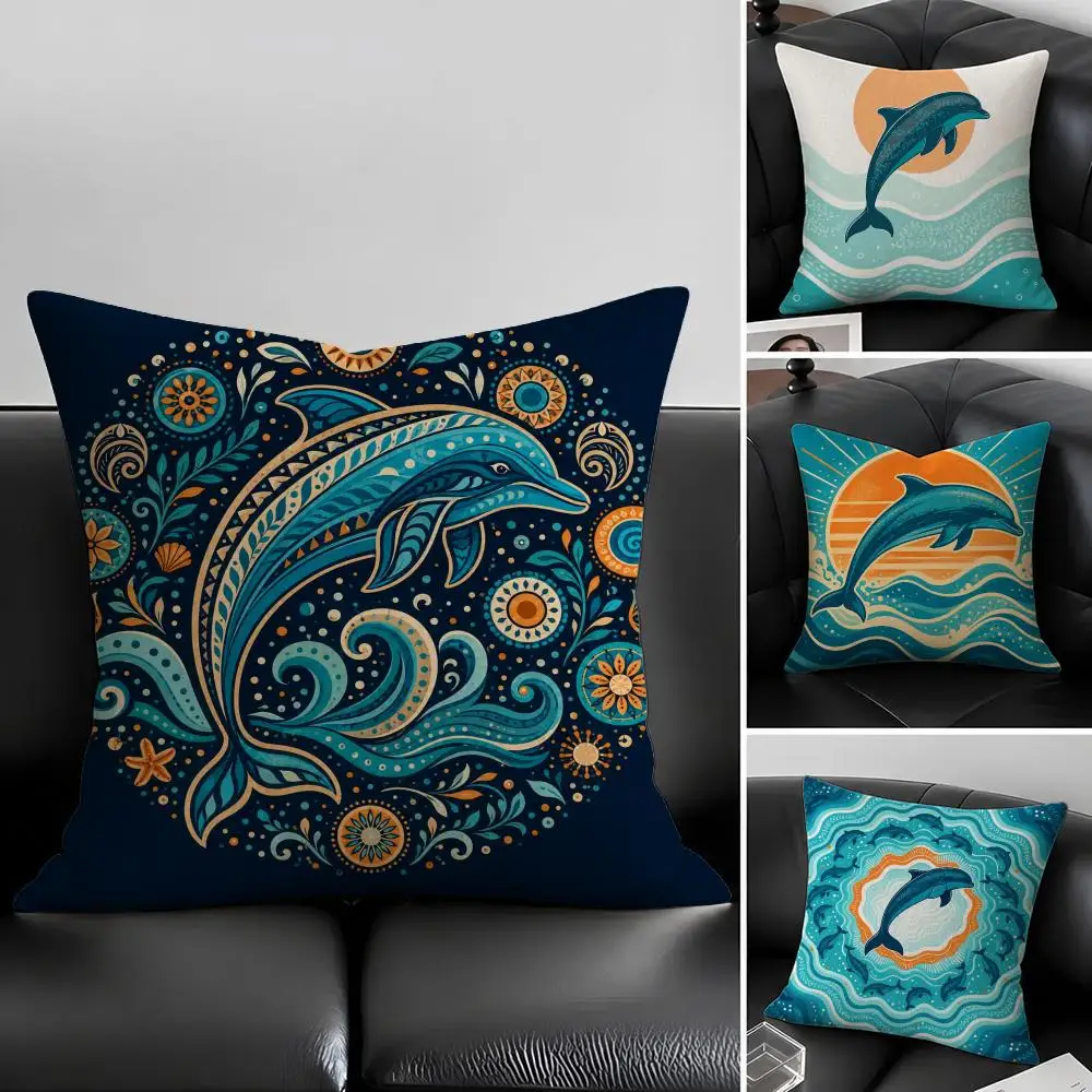 Animal Dolphin Cushion Cover Natural Linen Pillowcase Set, All-in-One Decor for Sofa, Bedroom & Chair